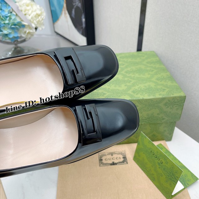 gucci黑色女士單皮鞋 古馳Vintage中古高跟單鞋 古琦小方頭粗跟鞋 dx1075